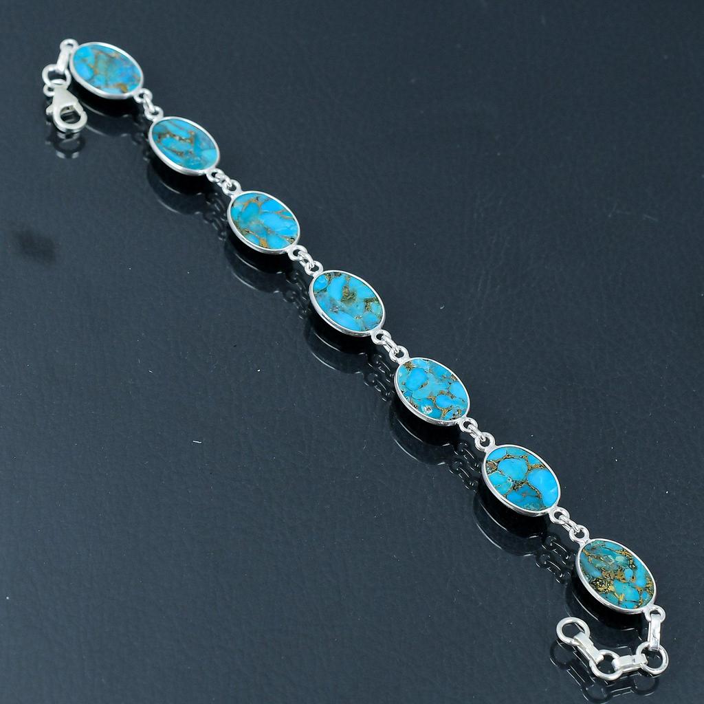 Natural Copper Turquoise Gemstone Bracelet, 925 Sterling Silver, 7 Inch To 8 Inch Link Bracelet, Handmade Bracelet Jewerly Gift For Valentine's Day