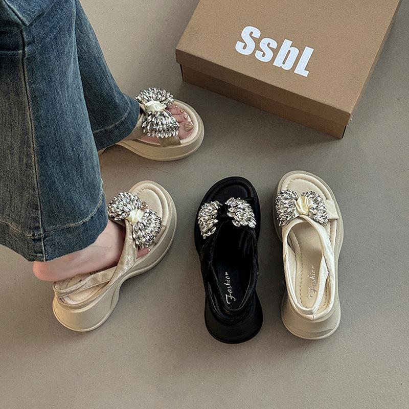 Fairy style casual temperament thick-soled slope heel cool slippers female summer bow versatile rhinestone fashion beach sandals