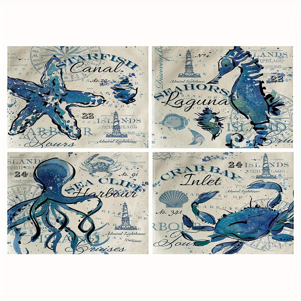 1pc Vintage Ocean Style Encrypted Linen Placemat, Summer Style Seahorse/Starfish/Seashell/Conch Table Mat, Tabletop Protection