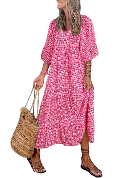 2023 Autumn New Independent Station Hot-selling Geometric Printing Bubble Sleeve Dress Street Fried Street Large Size Women's Clothing