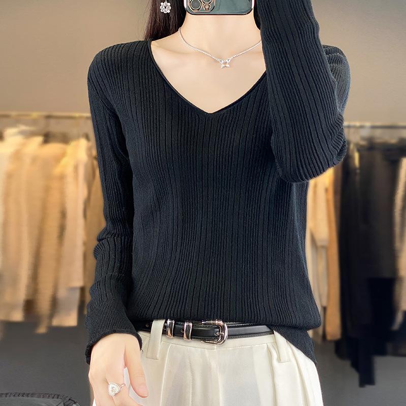

Осень новый V-образный вырез облегающий талию и тонкий теплый пуловер базовая рубашка женский пуловер вязаный свитер XXL чёрный