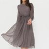 Abito in chiffon primaverile ed estivo a maniche lunghe a tinta unita con pois, elegante manica a lanterna, scollo rotondo, abiti a vita alta