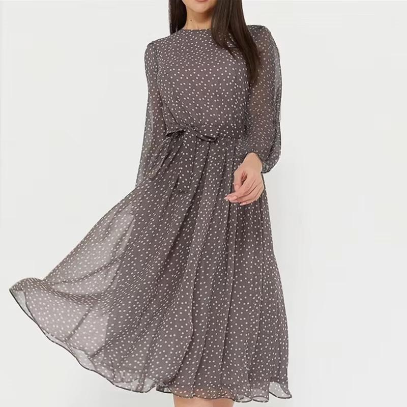 Abito in chiffon primaverile ed estivo a maniche lunghe a tinta unita con pois, elegante manica a lanterna, scollo rotondo, abiti a vita alta