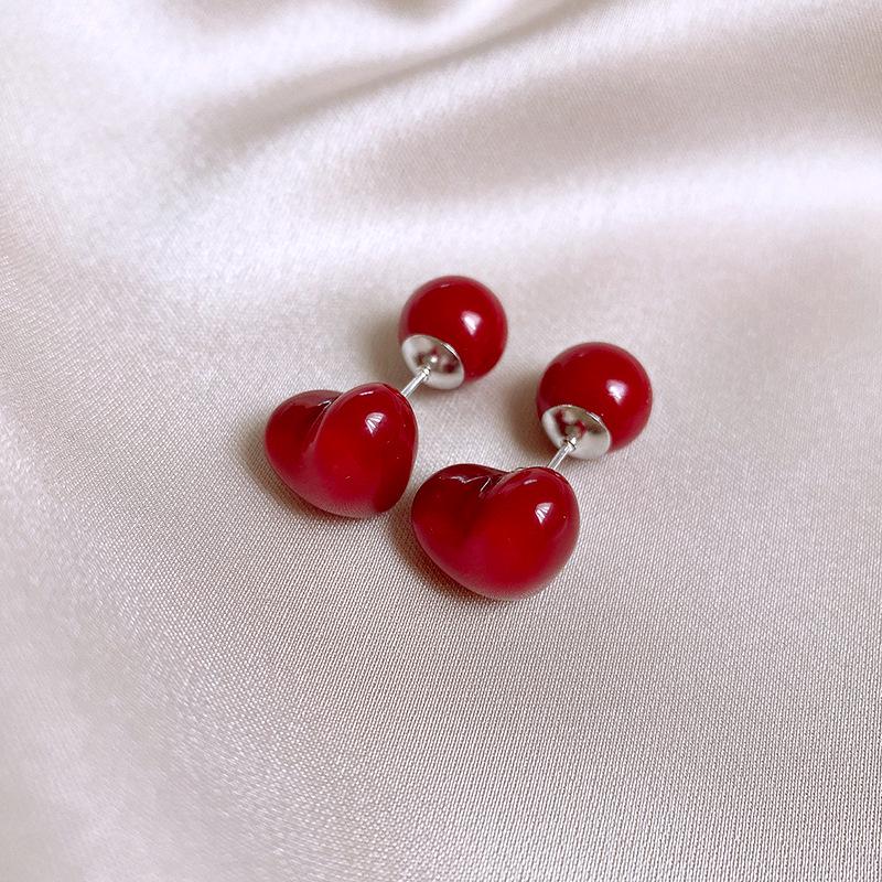 Silver Needle Red Geometric Stud Earrings - Korean Style Fashion Design for Women, High-End Exquisite Ear Jewelry