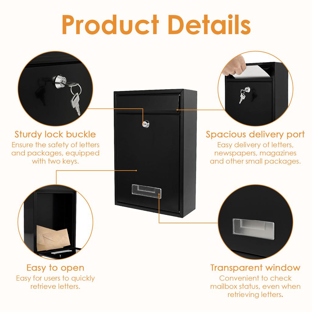 Wall Mounted Mailbox Heavy Duty Lockable Rust Proof Metal Post Box for School Office with 2 Keys Outdoor Gate Newspaper Mail Box