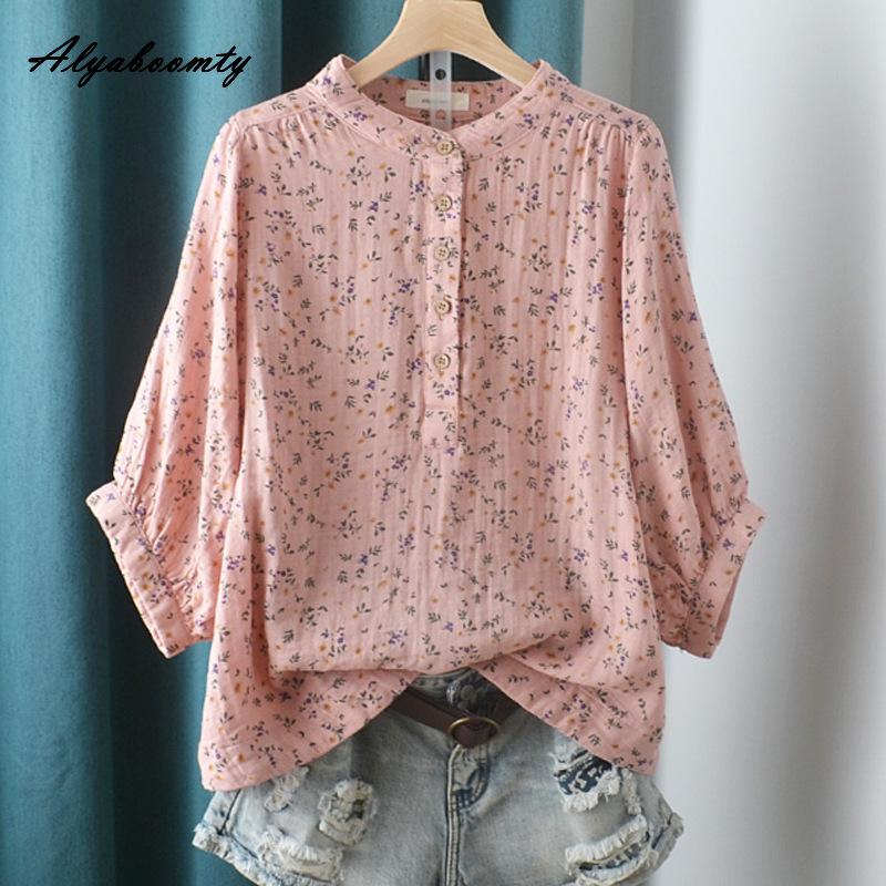 Korean Style Spring Summer Women Cotton Blouse Stand Collar White Gray Pink Print Baggy Shirt Vintage Casual Loose Ladies' Blouse