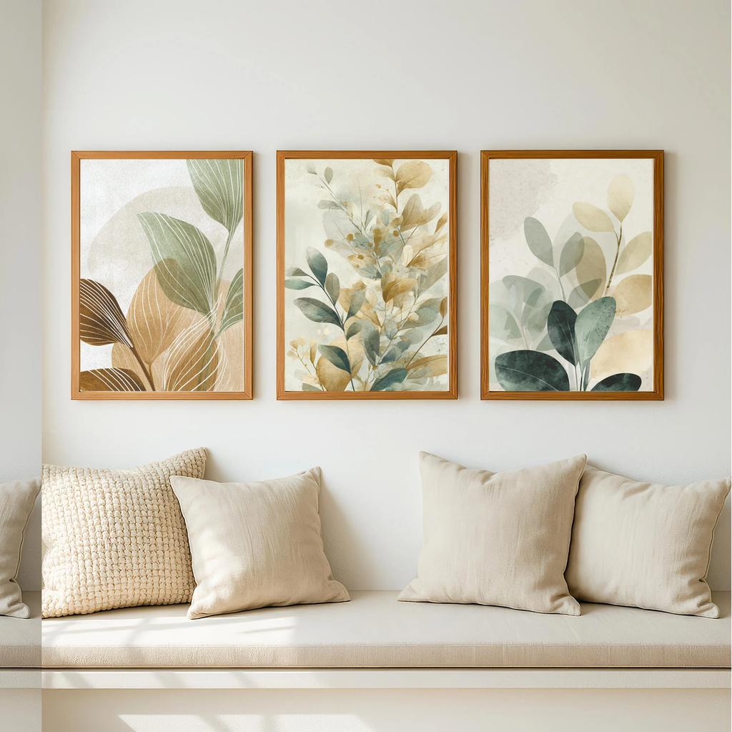 3 Pezzi Arte Murale Botanica Neutra, Stampe su Tela ad Acquerello Foglia di Eucalipto Verde Salvia, Poster di Arte Murale Piante Boho Japandi Sfumato