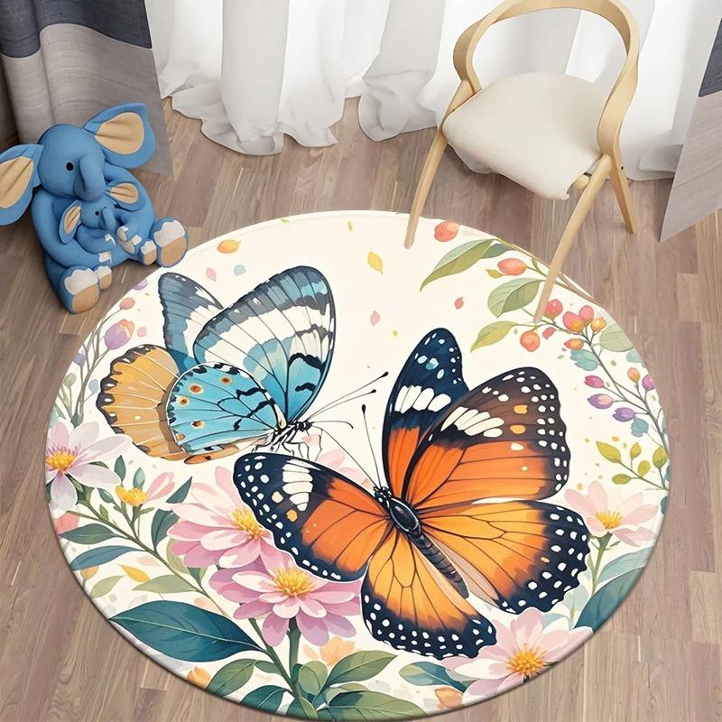 Dense Floral Butterfly Round Soft Non-Slip Art Rug Bohemian Living Room Minimalist Decor Rug