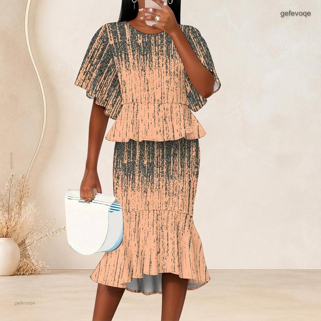 Women Plus Size Round Neck Batwing Sleeve Blue Brown Printed Ruffle Hem Top Fishtail Skirt Two Piece Set