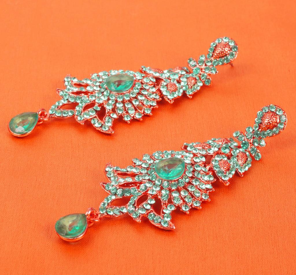 Touchstone Indian Bollywood Glamorous Handmade Contemporary Designer Jewelry Long Chandelier Earrings Rhinestone Crystal Gold Silver Tone Turquoise