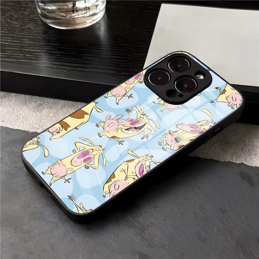 

Cartoon Cow And Chicken Phone Case For IPhone 17 Air 16 E Pro Max 15 14 13 Mini 12 Pro 11 Max Plus Black Glass Cover iPhone 16e