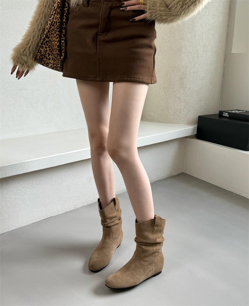 French Leather Retro Pleated Short Boots for Women 2025 Autumn and Winter New Round Head Matte Inner Leather Heightening Thin Boots for Women