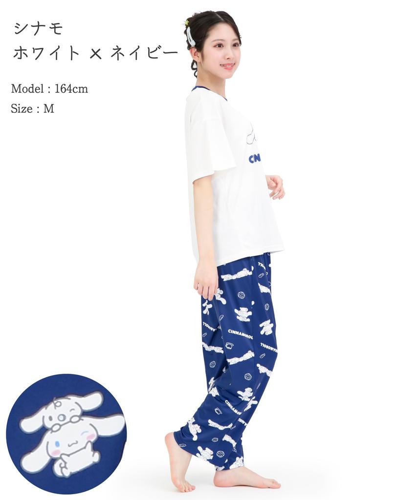SAZAC Cinnamoroll and Milk Pajama Powder Stretch Short Sleeve and Long Pants Loungewear x Set, Fabric, Women's Set, (White Navy/L/SAN1952)