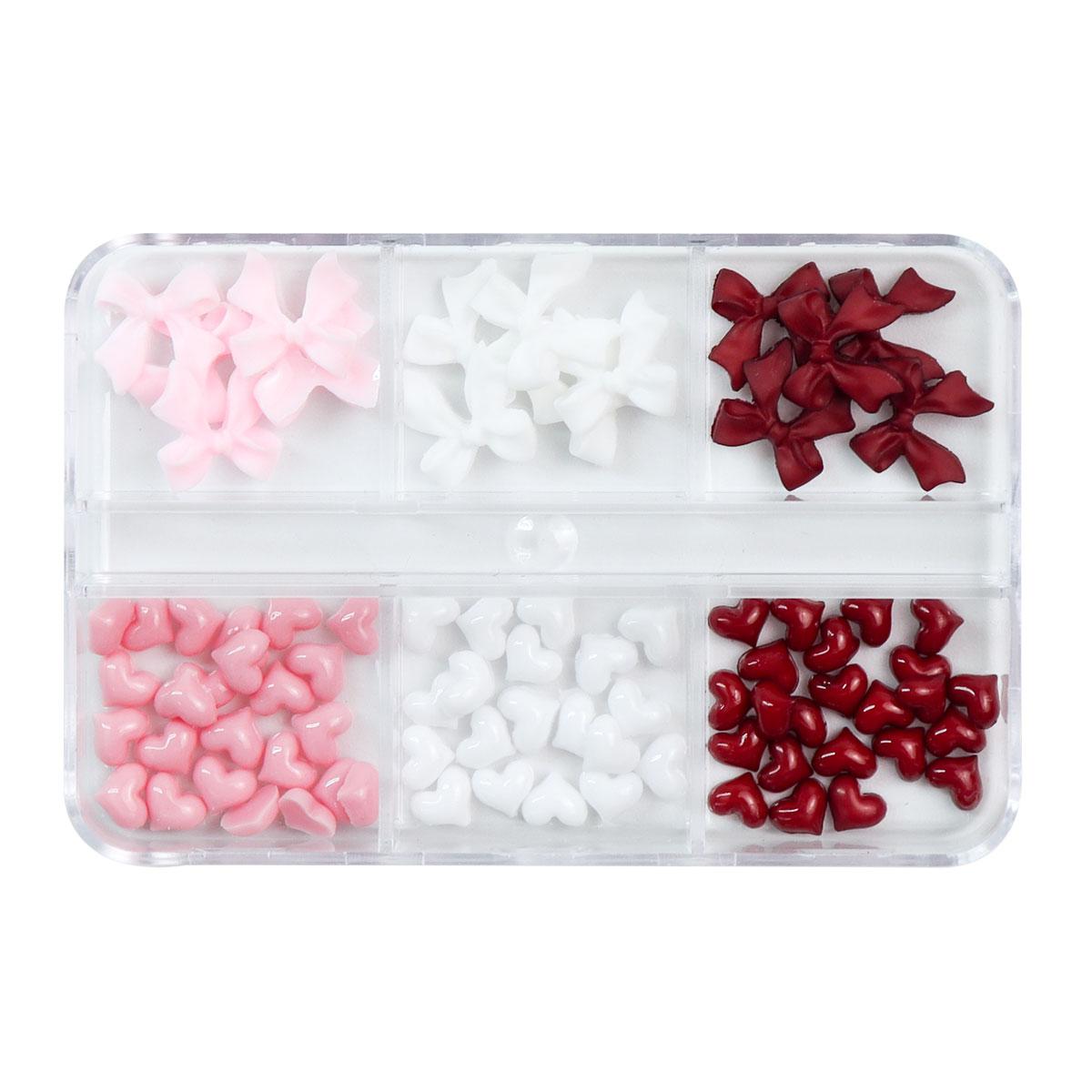 

1 коробка смешанных 3D-подвесок для дизайна ногтей ко Дню святого Валентина с винно-красными сердечками для ногтей, розовыми бантами из лент, украшениями для дизайна ногтей, расходными материалами для самостоятельного дизайна