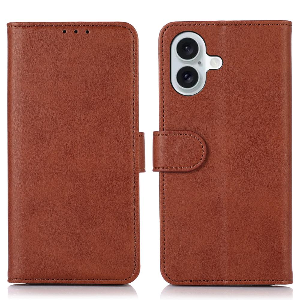 

For iPhone 16 Case Cowhide Texture Leather Wallet Phone Cover with Magnetic Clasp Brown