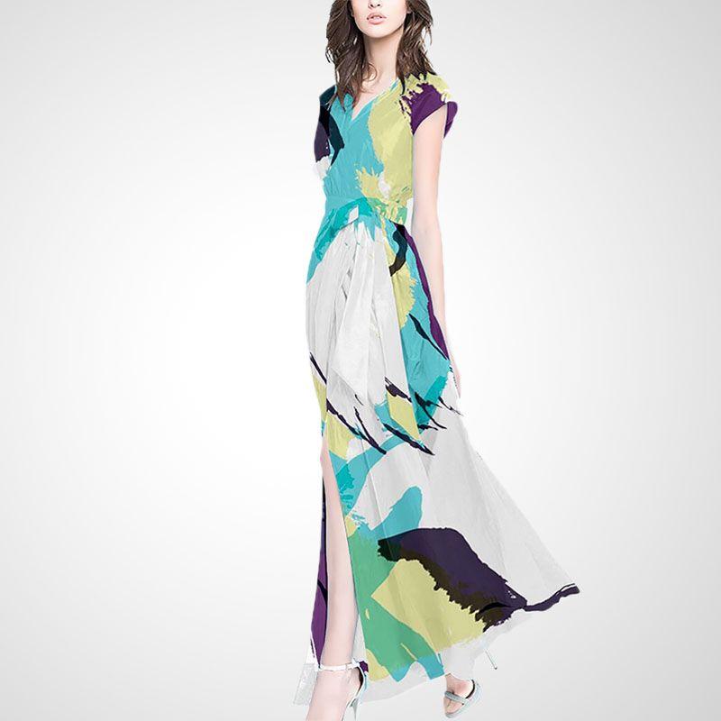 

Blue New Style Slim Looking Goddess Temperament Chiffon Dress Green Blue White Print 2XL