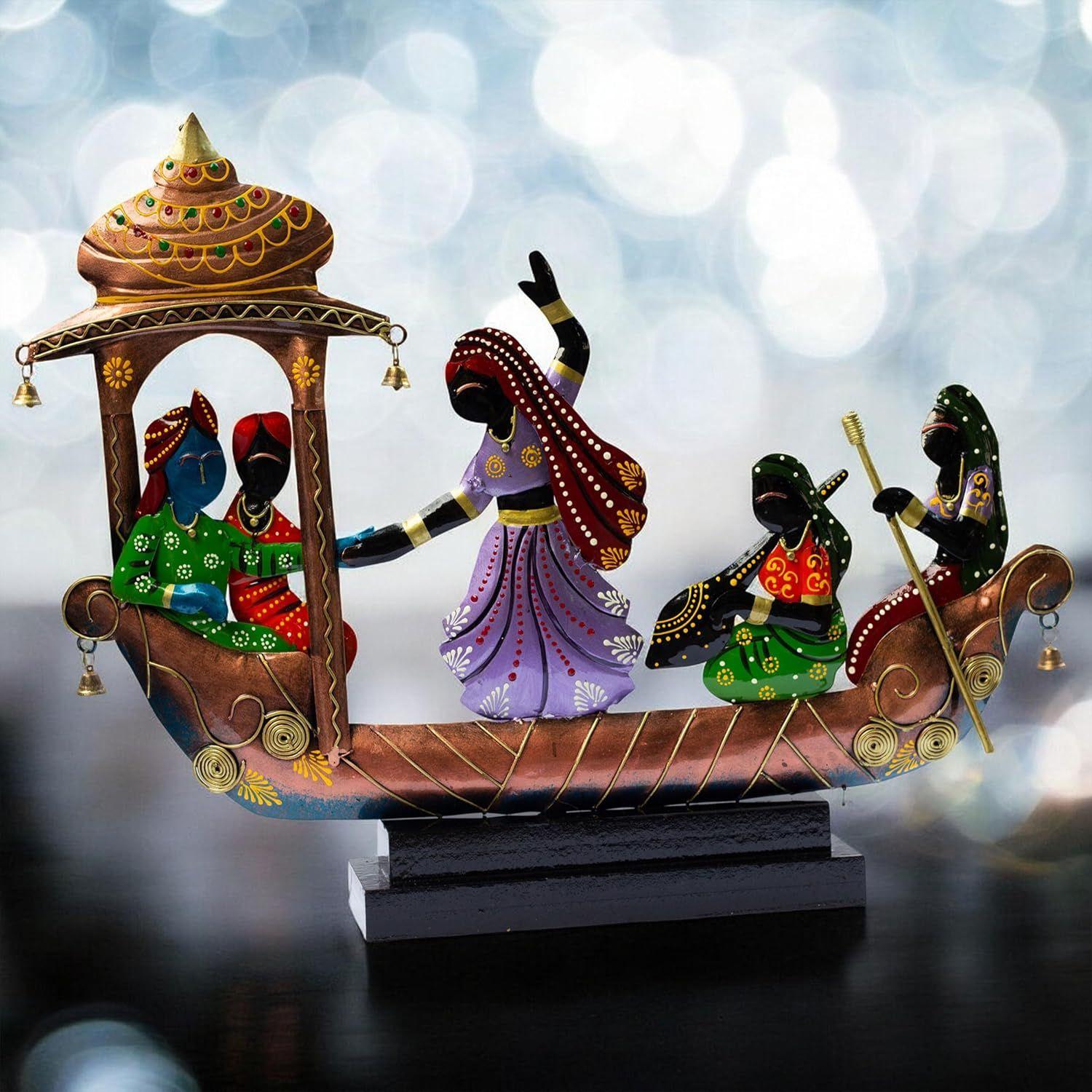 

Ethnic Tribal Boat with Dancing Musicians Showpiece - 15x18 Inch Home Décor with Wooden Base - Gift for Housewarming, Festivals, Weddings