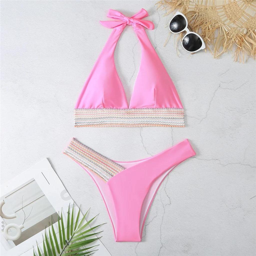 S - XL 5 Color Splicing Halter V Neck Bikini Female Swimsuit Women Swimwear Two-pieces Bikini Set Bather Bathing Suit Swim