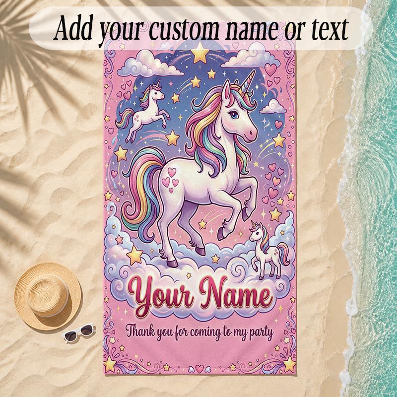 Unicorn Theme Soft Beach Towel Personalized Custom Name Text Towel Portable for Beach Pool Travel
