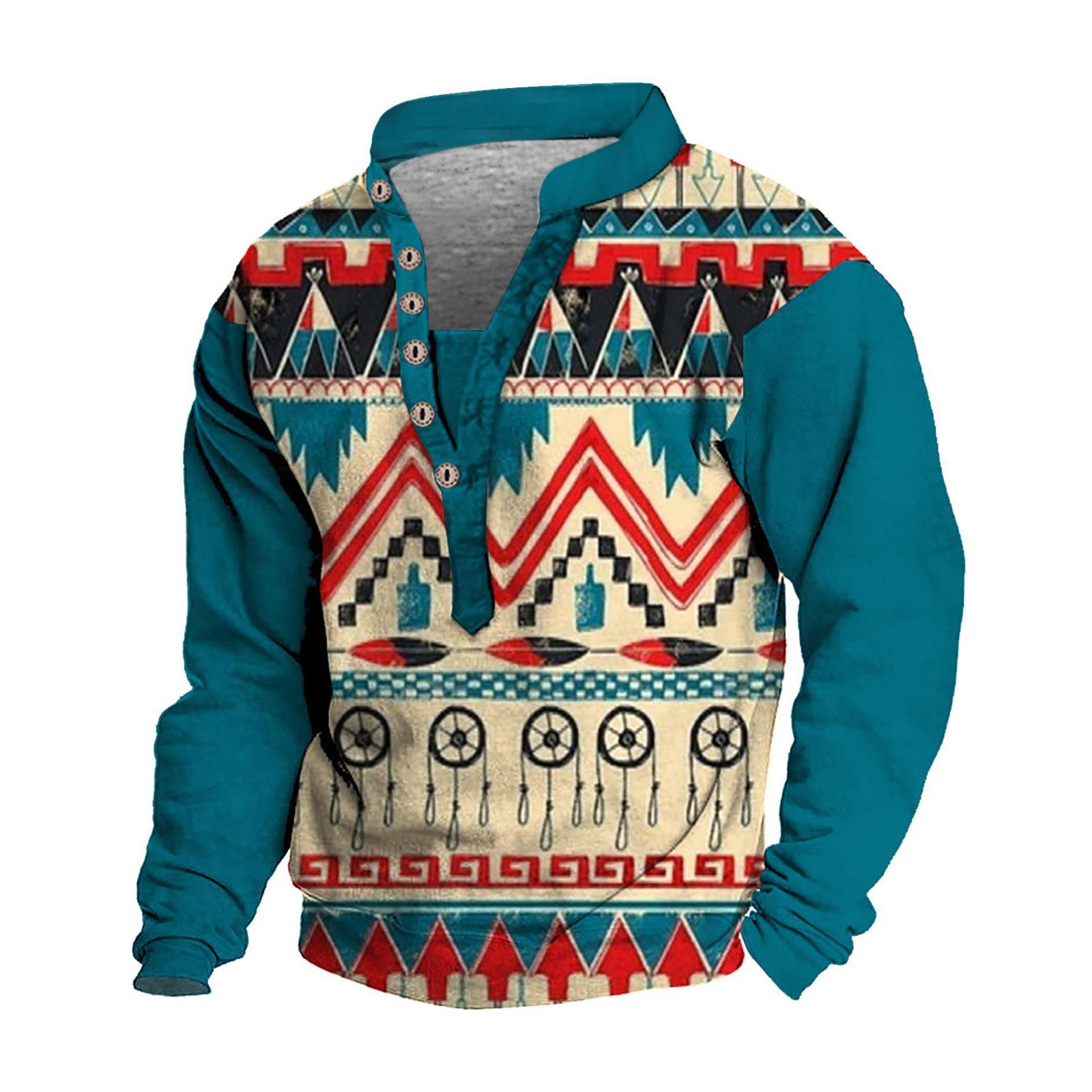 

Чоловічий светр з V-подібним вирізом, комір-стійка з цифровим 3D-друком і 6 ґудзиків, вінтажний комір XXXL ціан