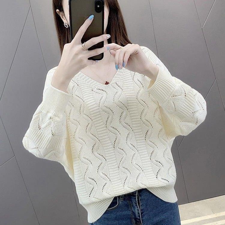 

Ленивый свитер с рукавами летучая мышь, ажурной вязки, модный повседневный тонкий топ с длинными рукавами для весны и осени, женский пуловер с V-образным вырезом average size 53-304 белый