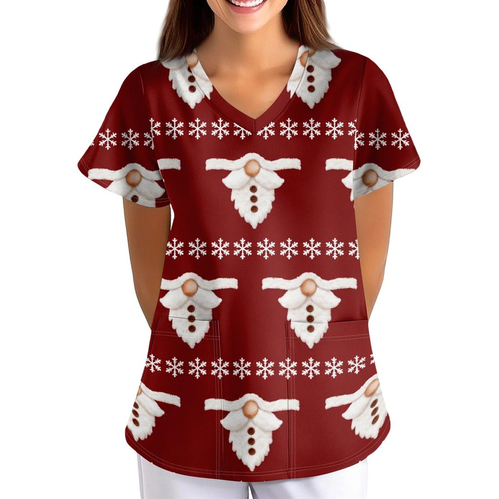 Women's Christmas Print Loose Fit V-Neck Short Sleeve Scrub Top with Pockets for Work