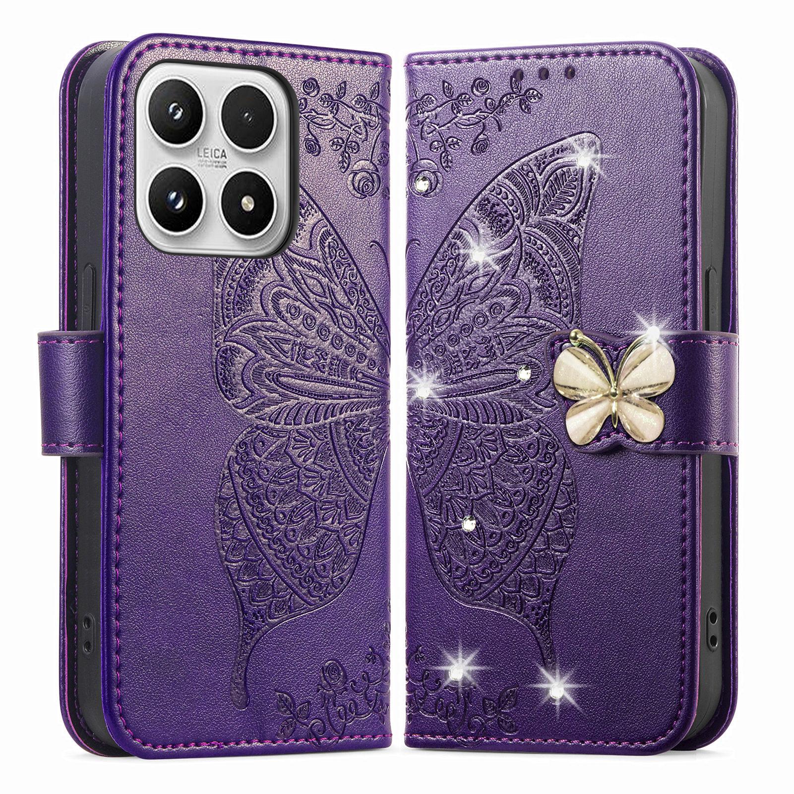 

For Xiaomi 17 Case 3D Rhinestone Decor Butterfly Flower Leather Phone Cover with Wrist Strap