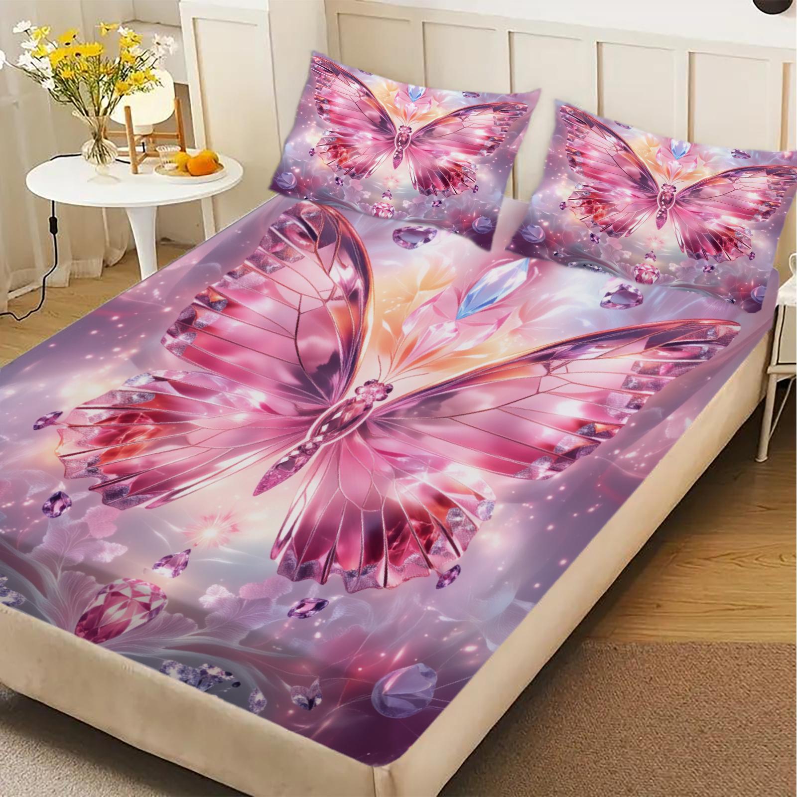 

Butterfly Print Fitted Sheet Set Pink Purple Crystal Butterfly Design Bedding Set With Pillowcases For Bedroom Decor 200x200x25cm