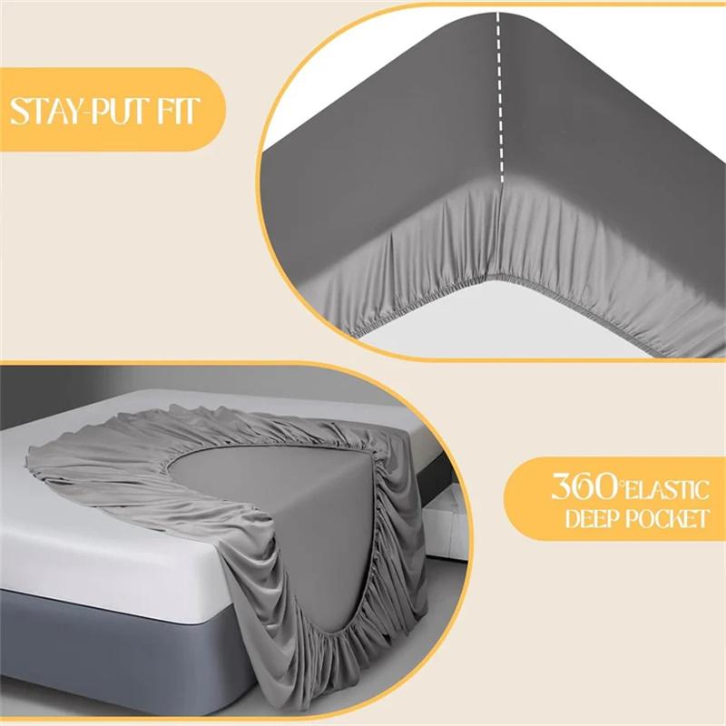 3PCS Bedding Set Fitted Bed Sheet With Elastic Band Solid Color Mattress Covers Protector For Single Double King Beds Single Double King Queen Beds