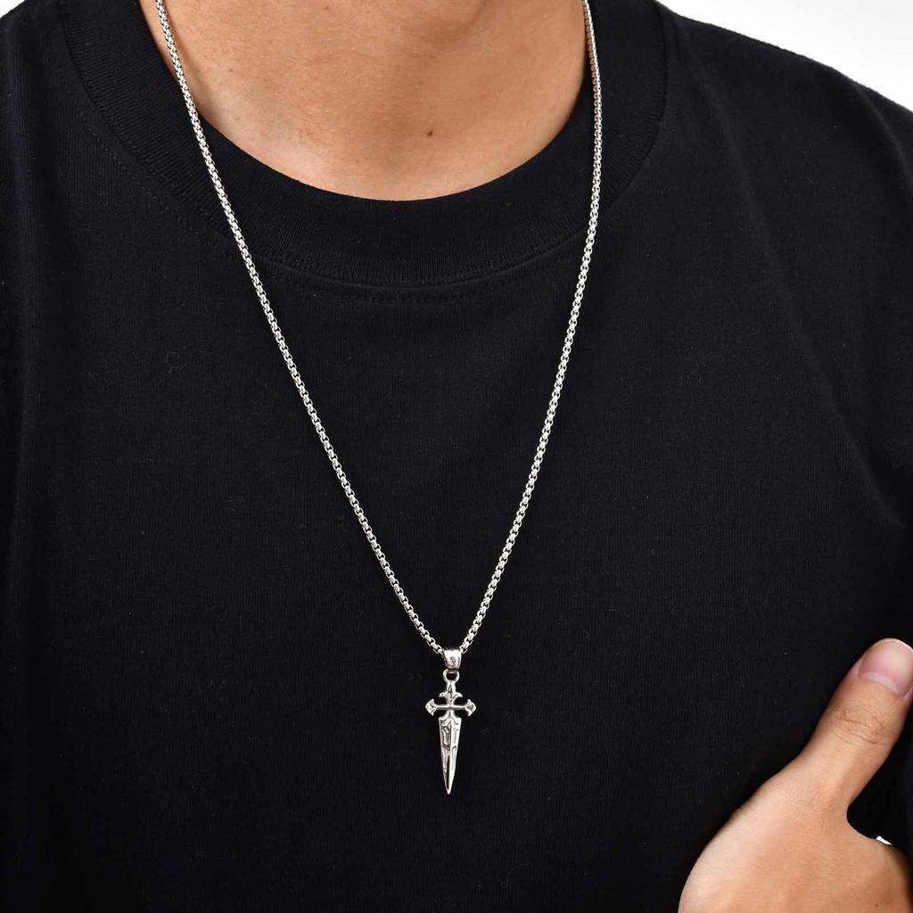 Fashion Punk Cross Sword Pendant Necklace for Men, Gold Silver Color Stainless Steel Chain Necklace, Creative Cool Jewelry