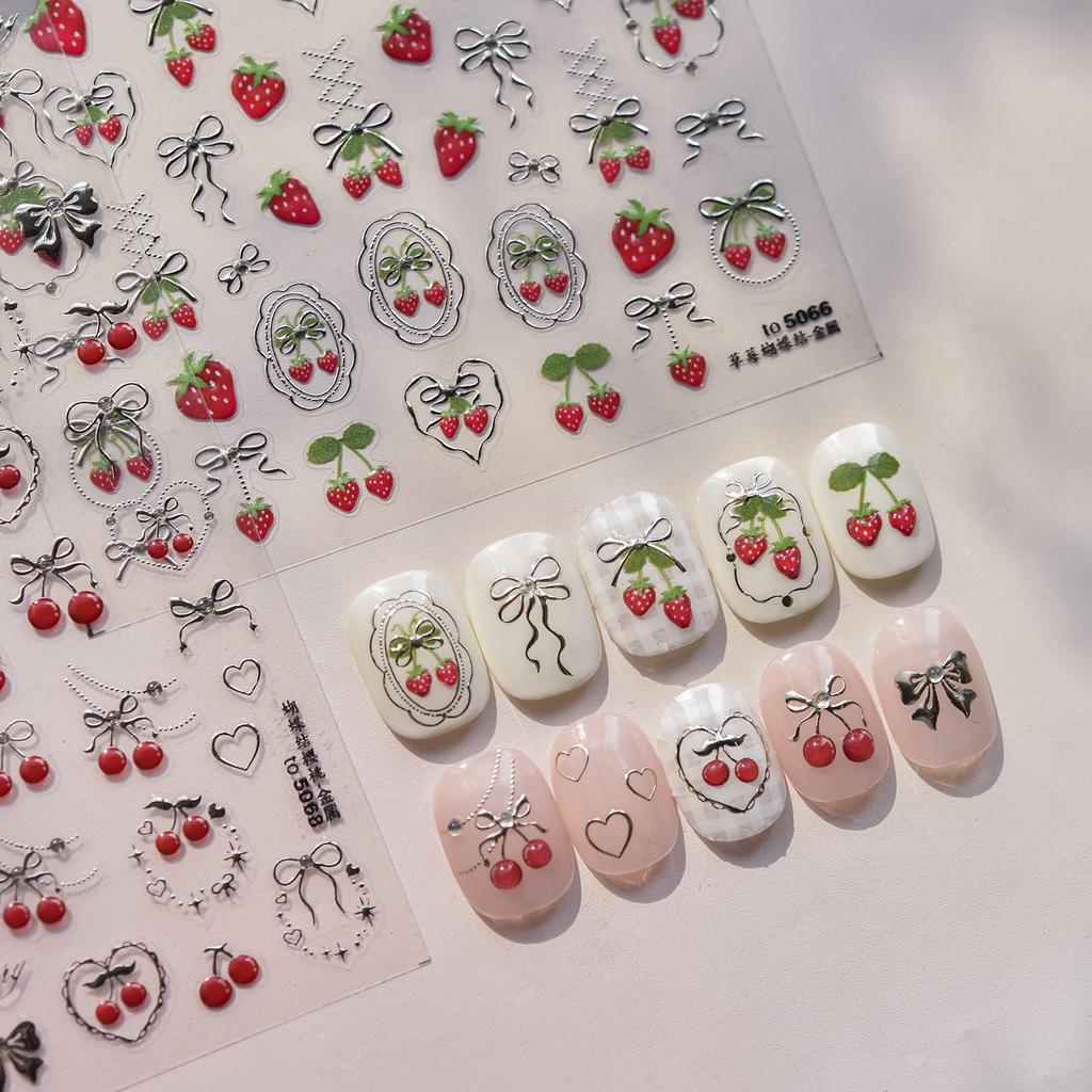 Sweet Strawberry Bow Nail Art Stickers 5D Gold Silver Strawberry Cherry Metal Nail Stickers DIY Nails Decoration Decals
