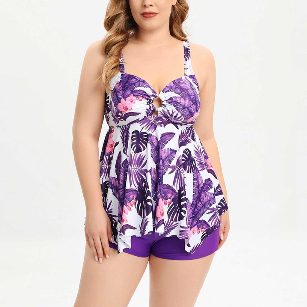 Plus Size Two Piece Swimsuit Women Tankini Swimwear with Removable Padding Wireless Bra and Boyshorts Bottoms for Beach Pool