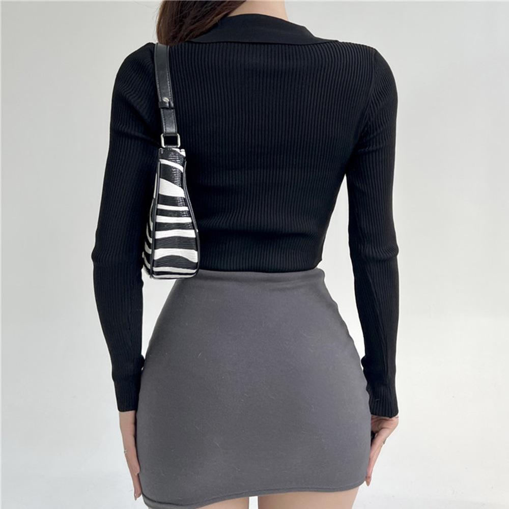 Herbst Elegant Hohe Taille Slim Fit Langarm Stricktop Damen Bluse Basisschicht