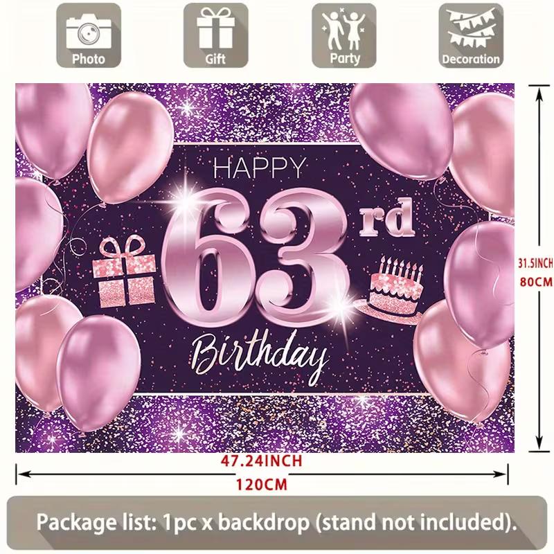 2D 63rd Birthday Photography Backdrop Purple Glitter Rose Gold Party Photo Booth Banner