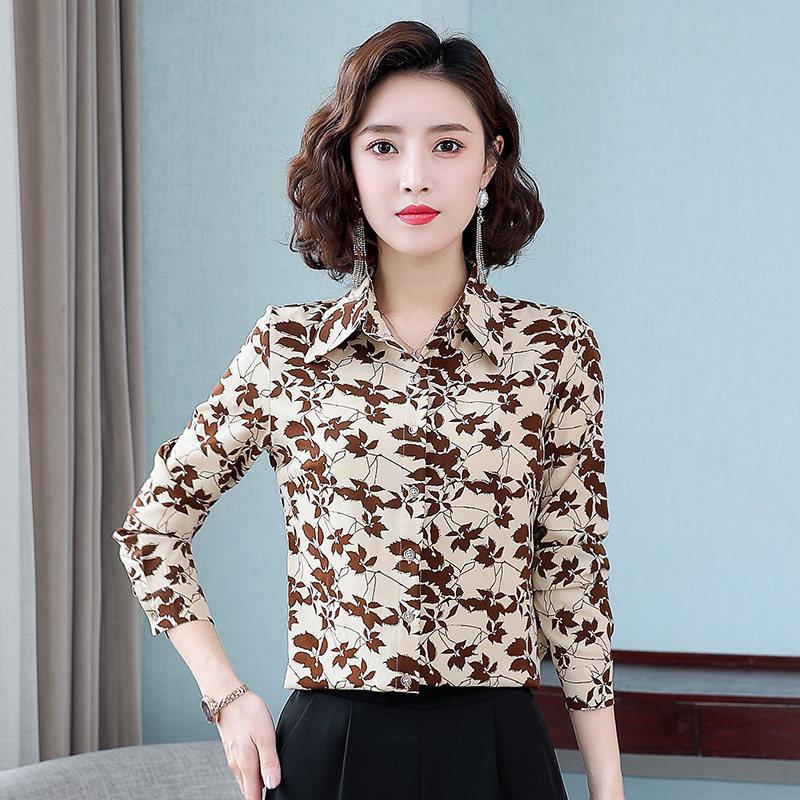 Camisa de Chifón Floral de Otoño para Mujer de Corte Slim Retro de Manga Larga