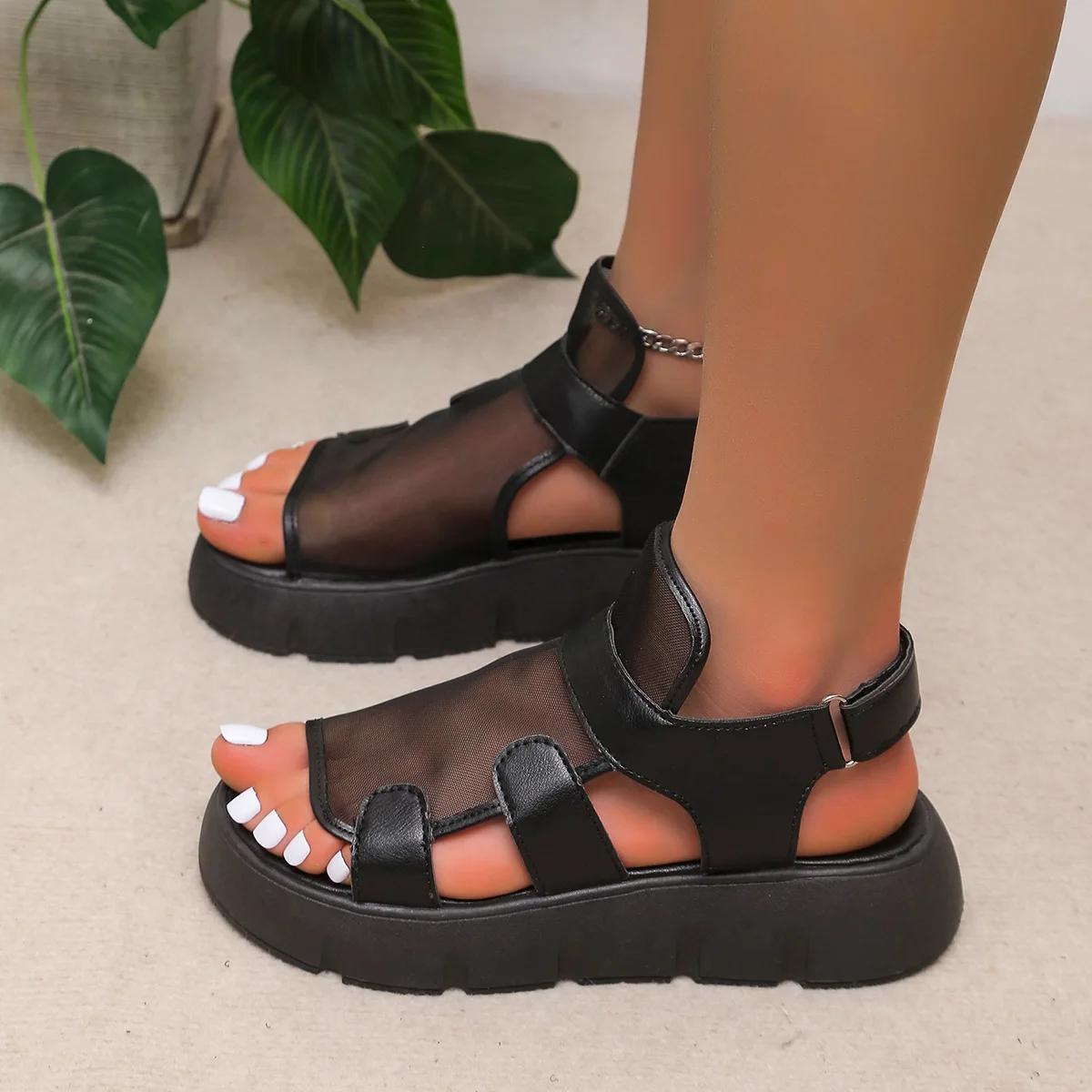 

Обувь Женские Сандалии 2025 Лето Новая Мода Обувь на Платформе Дышащая Сетка из Пряжи Юджин Сандалии на Липучке Сандалии 41 чёрный