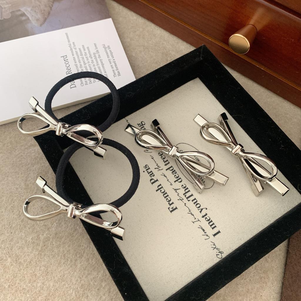 1/4pcs Silver Bow Side Hair Clip for Women; Exquisite Duckbill Clip for High Ponytail Hair Bands and Hair Rings