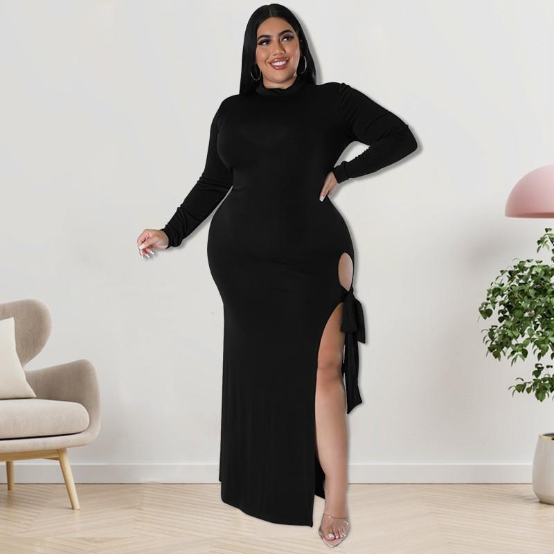 Plus Size Womens Long Sleeve Knit Dress With Zipper Tie Detail Irregular Hem Midi To Maxi In Solid Colors