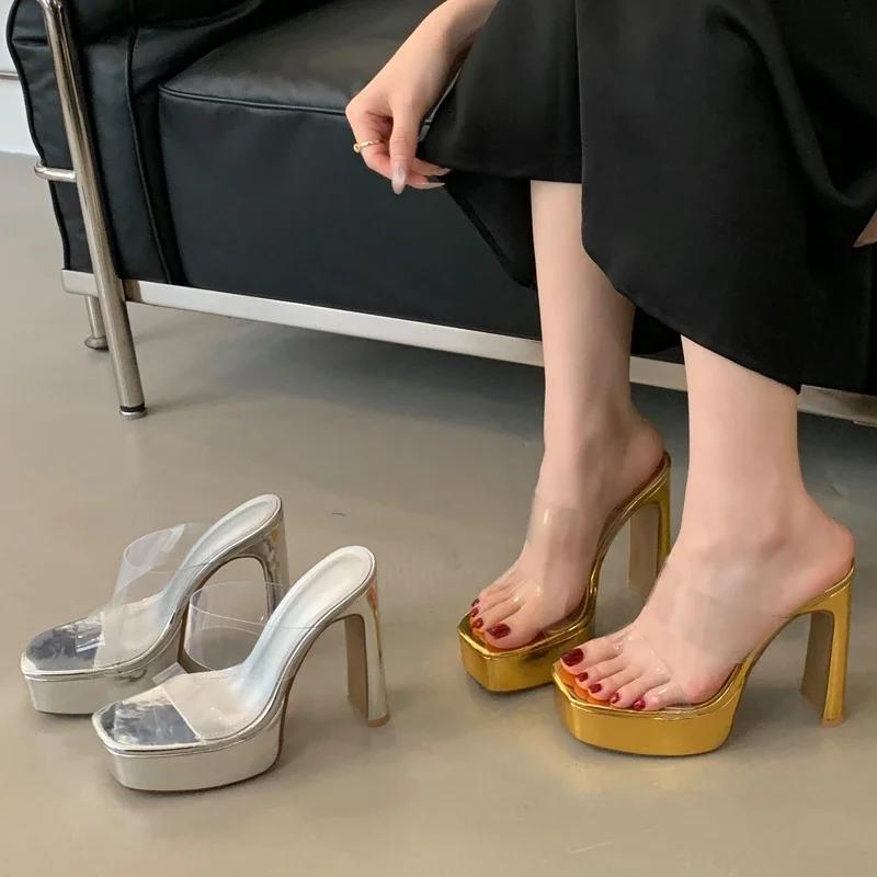 Fashion Eilyken Summer Open Toe Extreme Platform Chunky High Heels Women Slippers Fashion PVC Transparent Slides Female Shoes