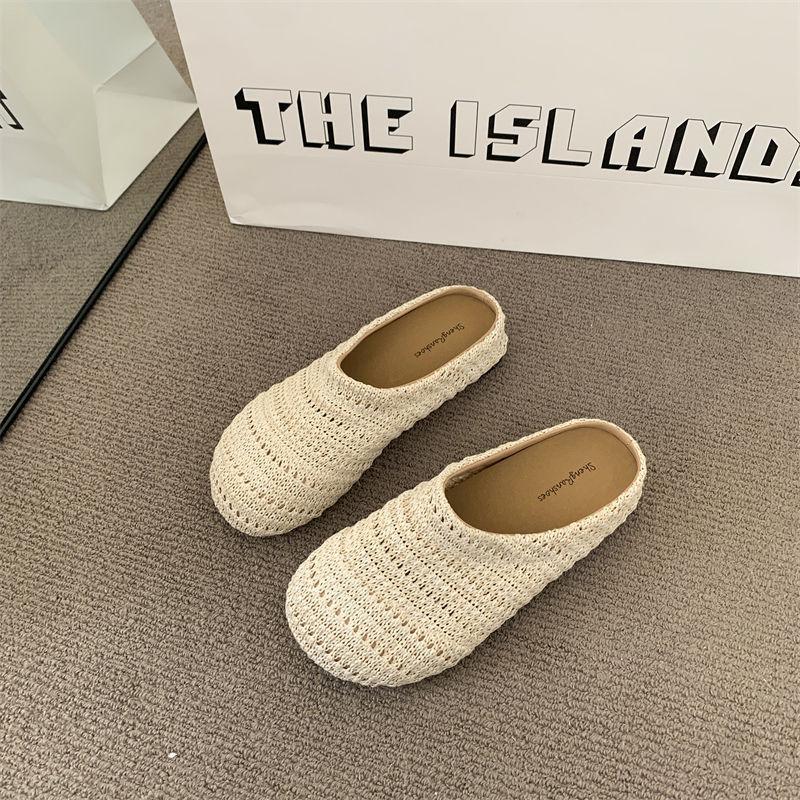 Wind woven hollow breathable bag head half slippers women wear flat bottom summer new lazy sandals