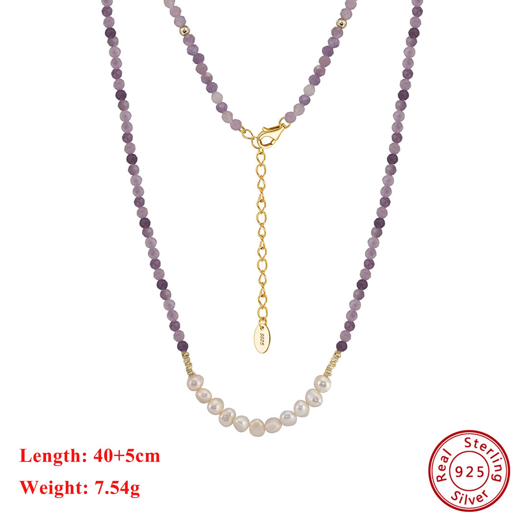 

EFFIE QUEEN 925 Sterling Silver 14K Gold Choker Necklace Natural Freshwater Pearls Plus Purple Mica Natural Stone Series MPN04