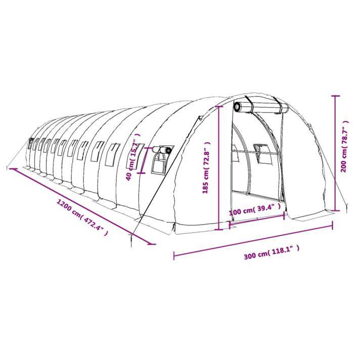 VidaXL Greenhouse with White Steel Frame 36 M² 12x3x2 M, Polytunnel, Cold Frame, Tomato Greenhouse, Garden Greenhouse, 3188054