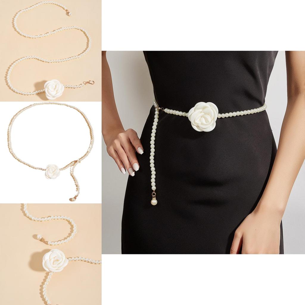 Elegant Simulated Pearl And Rose Decoration Women Casual Waist Chain For Casual Or Formal Wear