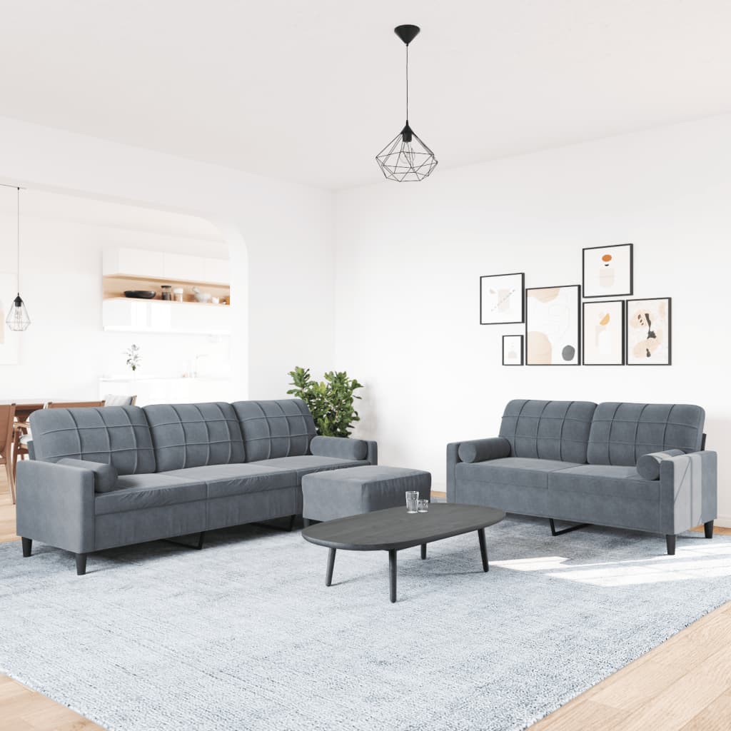 3 Piece Sofa Set with Cushions and Neck Rolls Dark Grey Velvet