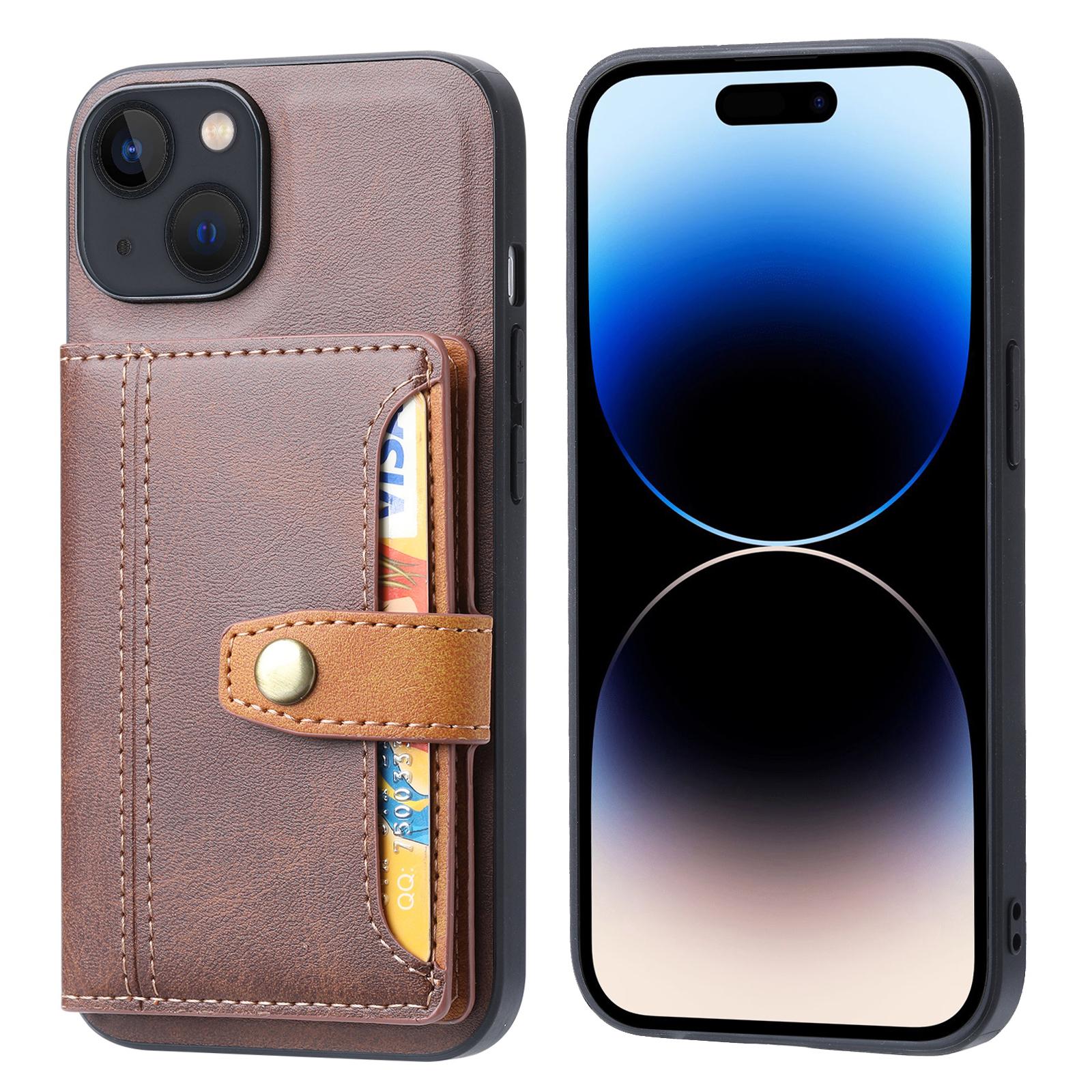 

For iPhone 15 Plus Kickstand Card Holder Phone Case Calf Texture PU Leather+TPU Anti-Scratch Cover Black