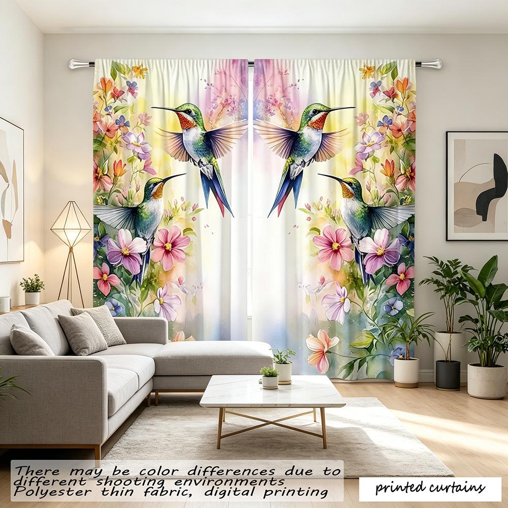 2pcs Spring Hummingbird Flower Theme Curtain Set Spring Decoration High Quality Room Decoration Curtains