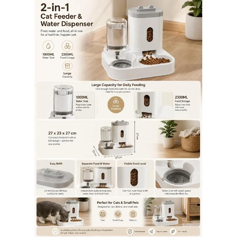 Auto Dog Cat Feeder with Water Dispenser, Gravity 2-in-1 Food & Water Station for Puppy Kitten