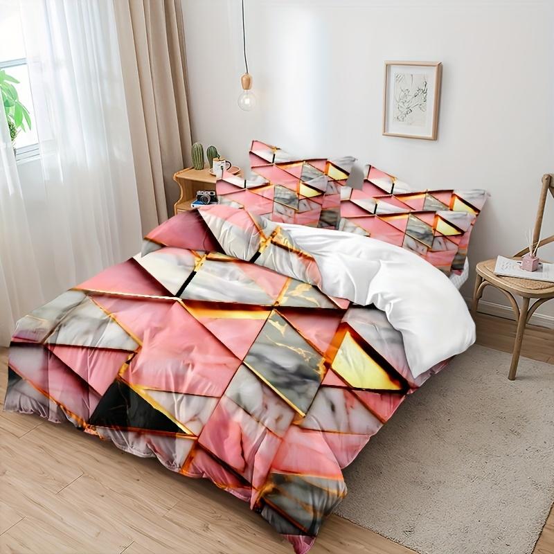 3Pcs Duvet Cover Golden Triangular Glass Pattern Including 1 Duvet Cover And 2Pcs Pillowcase, No Core Comfortable And Breathable