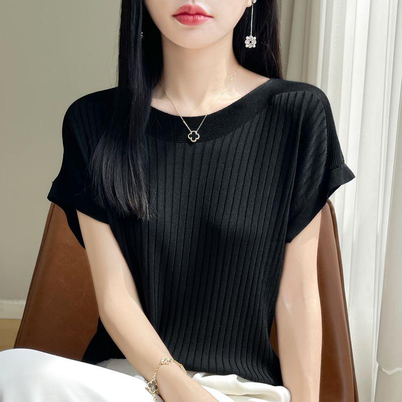 Fashion Slash Neck Women Sweater Ice Silk Spring Summer Knitted Sweater Loose Casual Korean Shirts Short Sleeve Knitwears