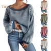 Women Sweater Off Shoulder Oversized Long Sleeve Knit Pullover Top Loose Fit Striped Print Soft Stretchy Knitting Tops